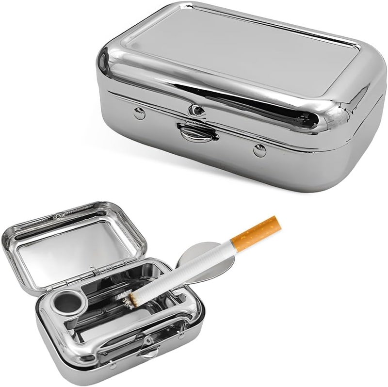 FSTURIOS Portable Ashtray, Windproof Creative Pocket Ashtray Car Ash Tray with Lid, Stainless Steel Mini Compact Cigarette Snuffers, Waterproof Cigar Ash Tray for Car Office Travel (Silver) - Image 1